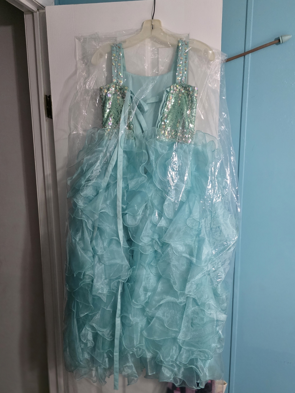 Girls' Aqua Ruffle Sequin Formal Dress - Sleeveless